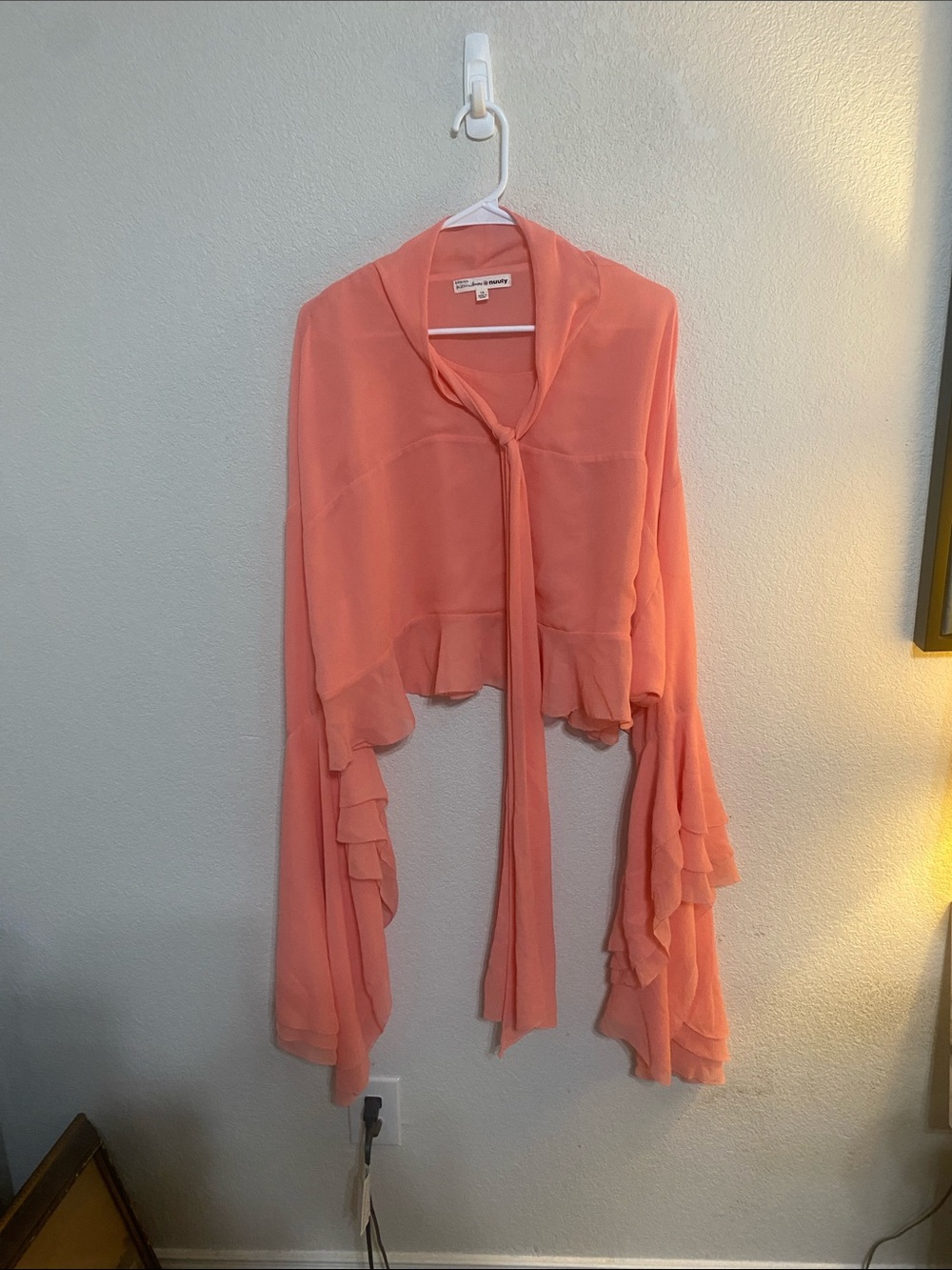 For Love & Lemons Coral Pink Ruffle Tie-Neck Blouse